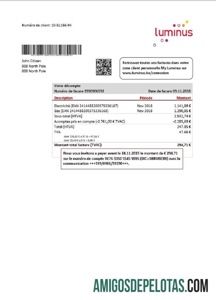 imprimível Modelo de conta de serviços públicos Luminus da Bélgica em formato Word e PDF (em formato .doc e .pdf)
